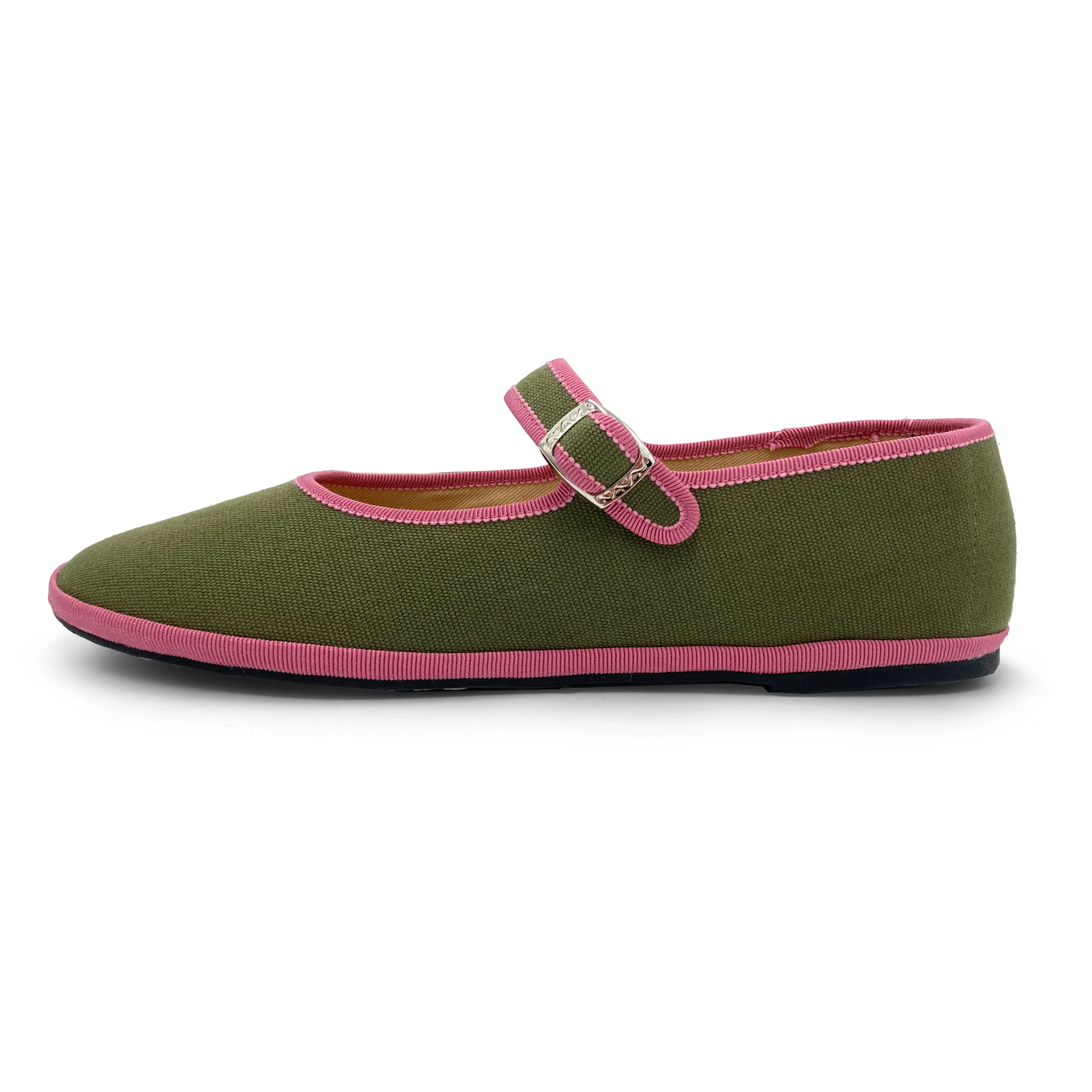 Ballerine friulane Mary Jane in cotone verdi oliva e dettagli rosa - Image 4