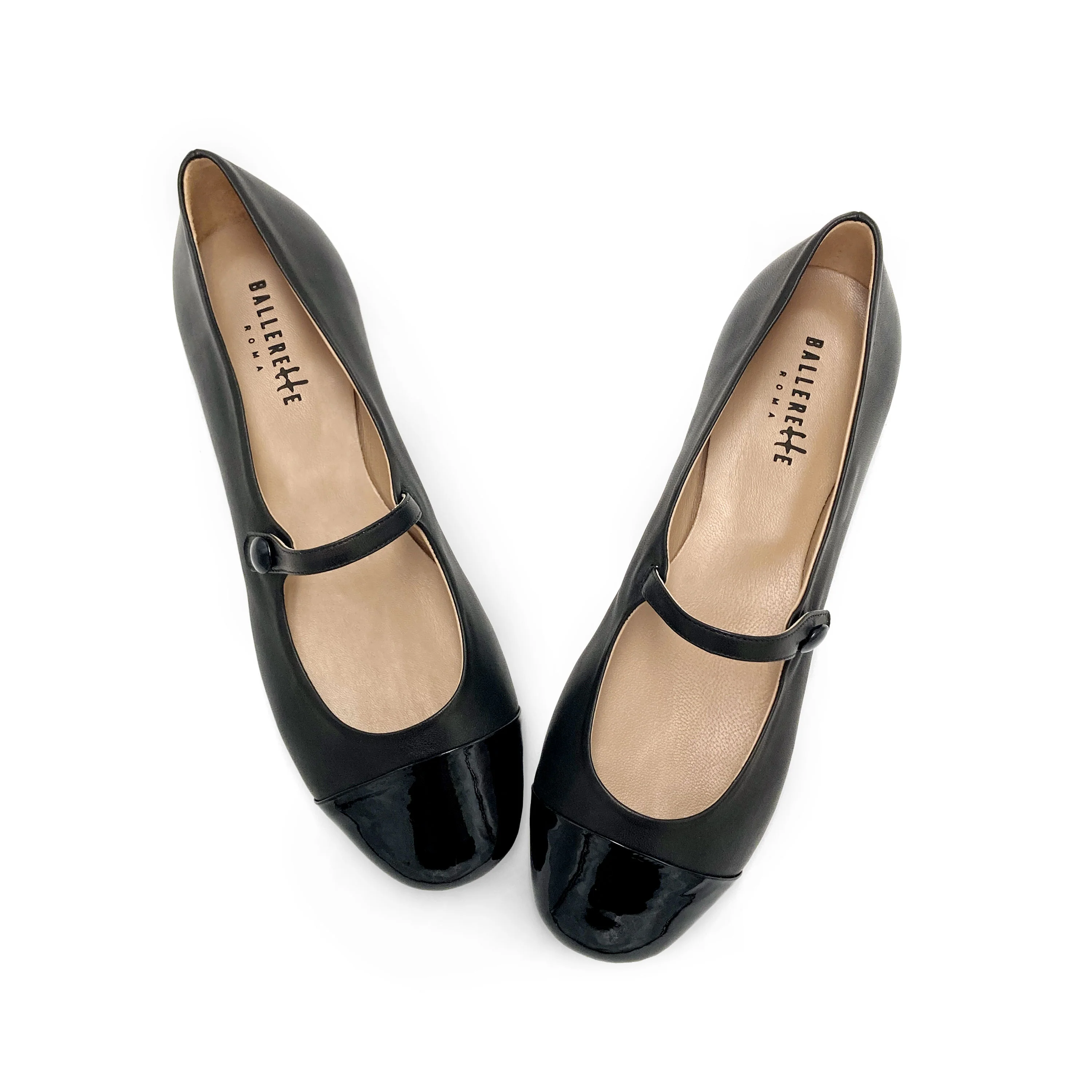 Ballerine Mary Jane nere in pelle con cinturino e punta in vernice - Image 2